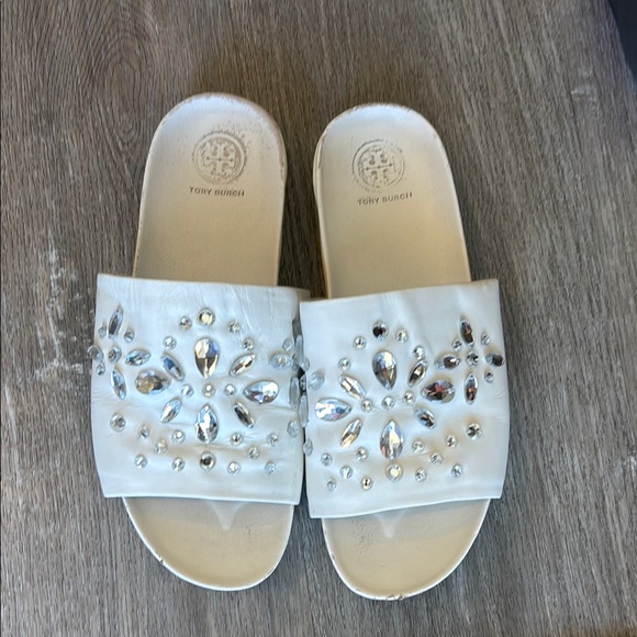 Tory Burch Shoes - Tory Burch White Floral rhinestones Sandals leather up uppers and inside